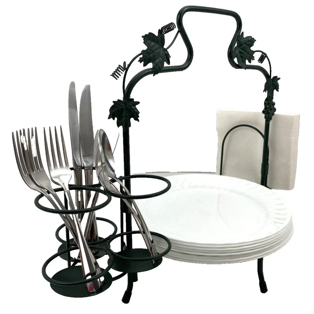 Buffet Plate or Pie Caddy with Utensils & Napkin Holder Green Grapevine Motif